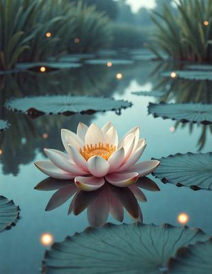 The primary subject of the image is a white flower floating on top of a body of water, surrounded by lily pads. The setting is a serene, natural environment with a calm body of water. The visual style is a combination of photo and digital art, creating a realistic yet artistic representation of the flower. The colors and mood of the image are predominantly white and blue, giving it a peaceful and tranquil atmosphere.